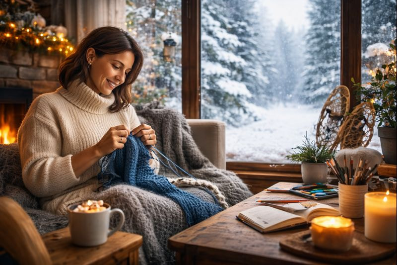 Woman knitting indoors by a window during a snowy Canadian winter, enjoying a relaxing hobby for mental well-being