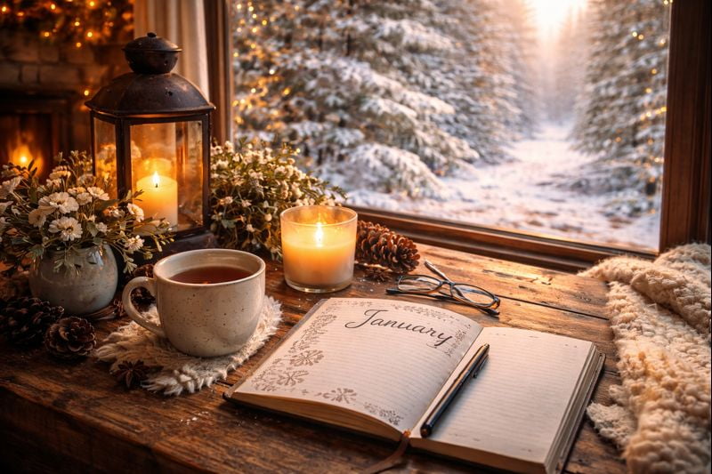 Cozy winter still life with a journal labeled January, warm candlelight, and snowy forest outside a window