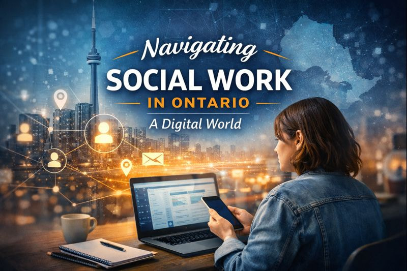 Social worker using digital technology in Ontario for virtual care